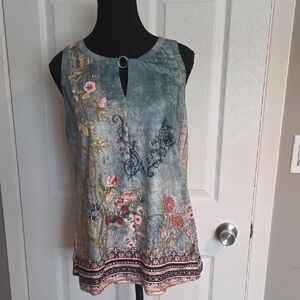 Sleeveless Floral Keyhole Women's Top - Teal Green